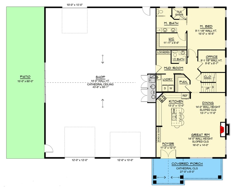 Plan 135400GRA: Barndominium-Style Modern Farmhouse Plan with Massive Shop Garage and Loft - Floor Plan - Main Level - Barndominium, Country, Craftsman, Modern Farmhouse