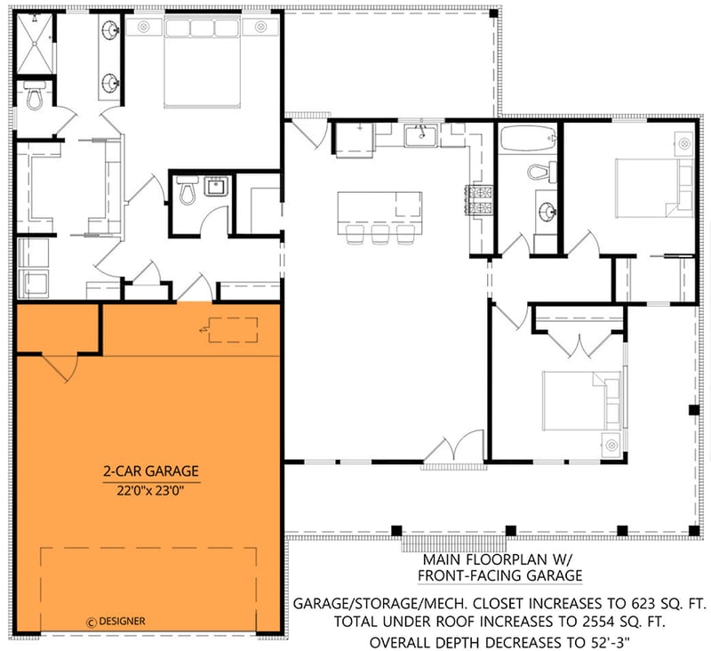 Plan 56564SM: Stylish Modern Farmhouse House Plan with Wrap-Around Porch and Optionally Finished Bonus Room - Floor Plan - Main Level - 2-Car Front Garage Option ($ Paid Option) - Country, Farmhouse, Modern Farmhouse
