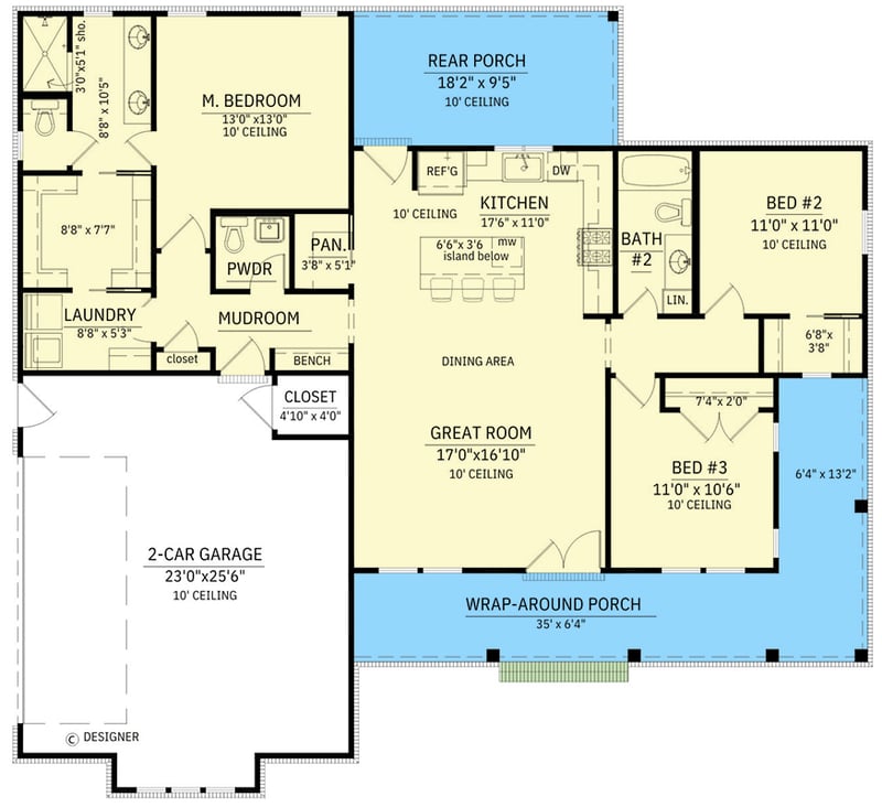Plan 56564SM: Stylish Modern Farmhouse House Plan with Wrap-Around Porch and Optionally Finished Bonus Room - Floor Plan - Main Level - Country, Farmhouse, Modern Farmhouse