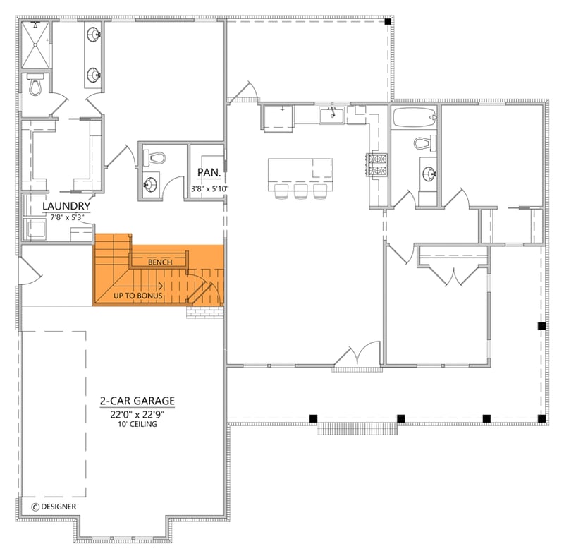 Plan 56564SM: Stylish Modern Farmhouse House Plan with Wrap-Around Porch and Optionally Finished Bonus Room - Floor Plan - Main Level - Bonus Room Stairs ($ Paid Option)  - Country, Farmhouse, Modern Farmhouse
