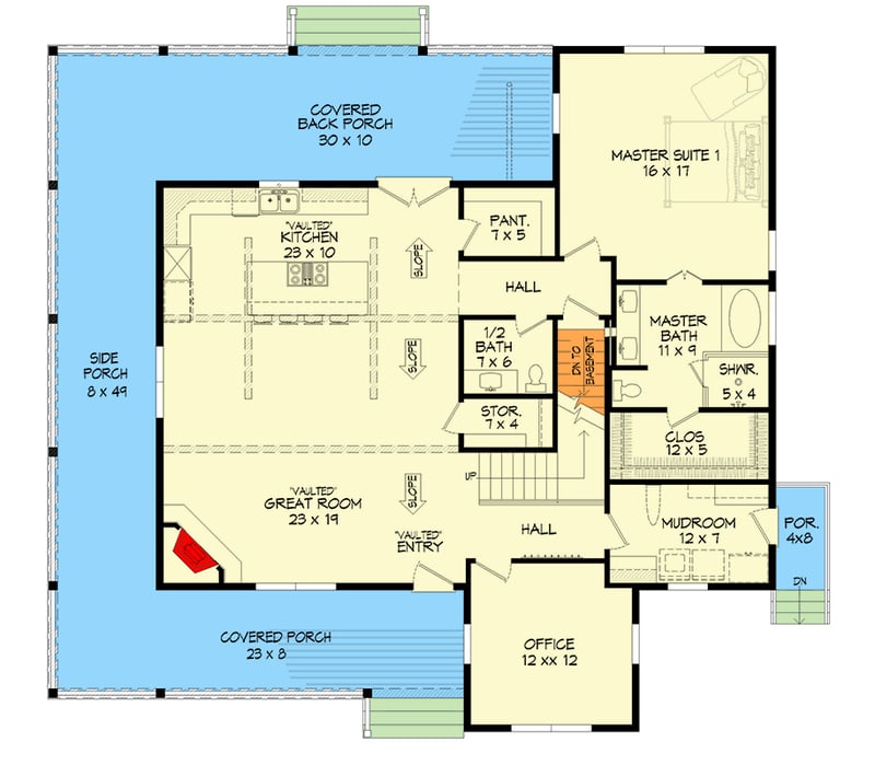 Plan 680631VR: Mountain Country House Plan with Wrap-Around Porch and Main Level Master - Floor Plan - Main Level