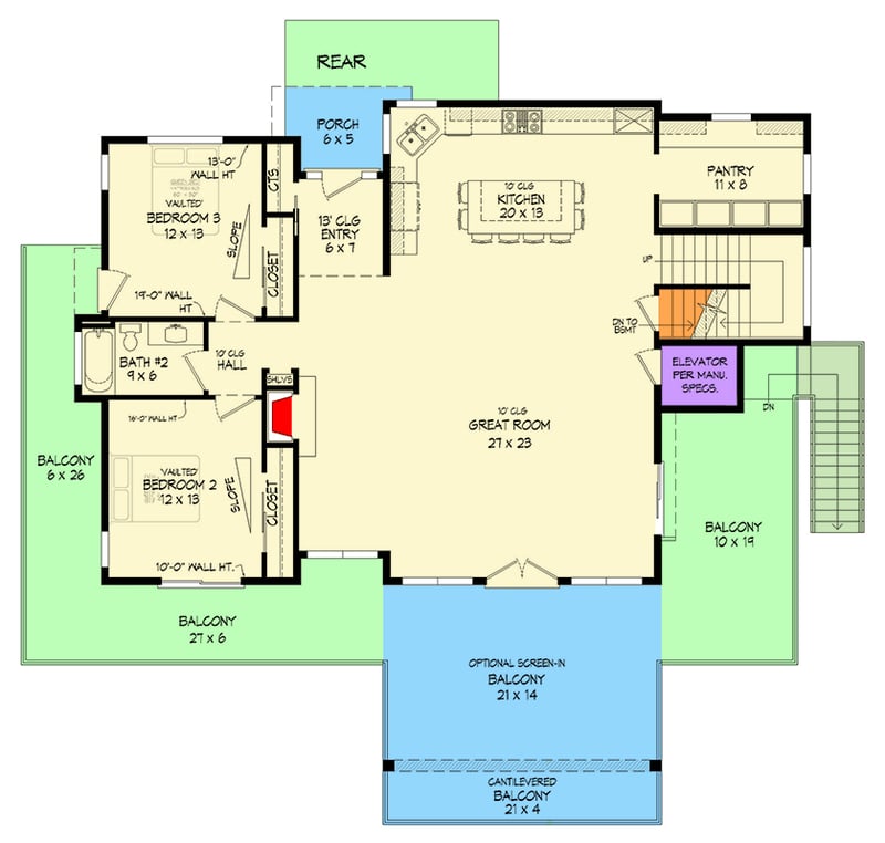 Plan 680636VR: Expansive Mountain House Plan with Elevator, Walkout Basement, and Panoramic Balconies - Floor Plan - Main Level - Mountain
