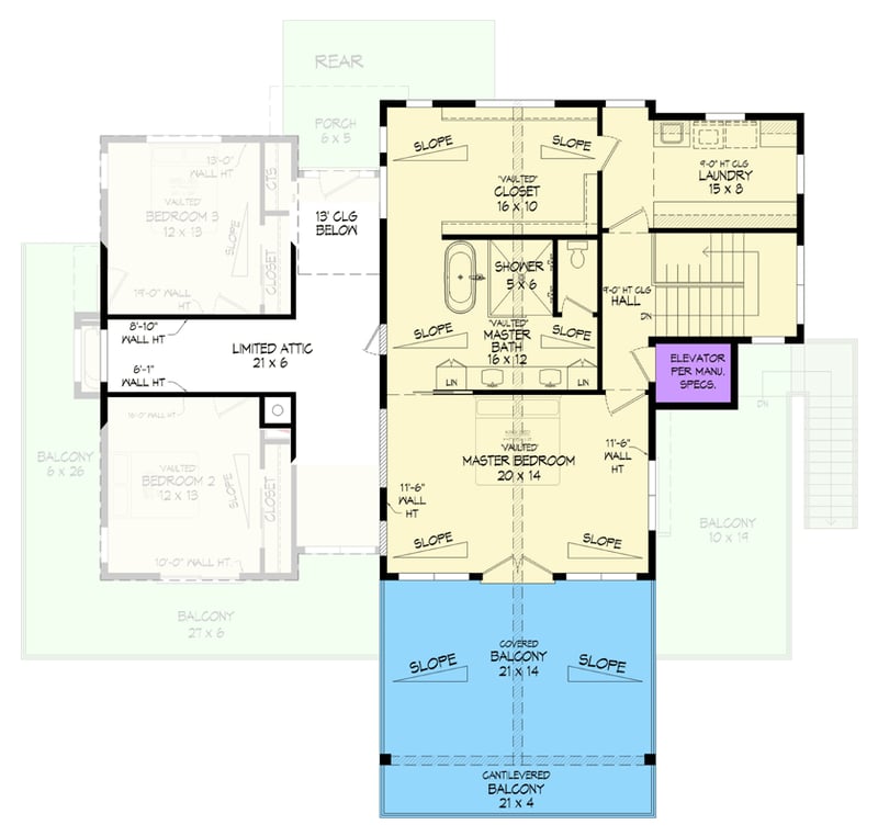 Plan 680636VR: Expansive Mountain House Plan with Elevator, Walkout Basement, and Panoramic Balconies - Floor Plan - 2nd Floor - Mountain