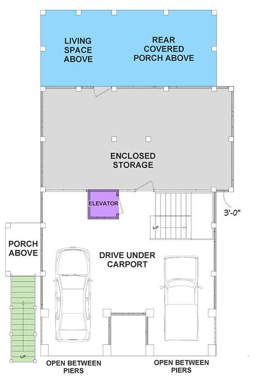 Plan 765062TWN: Elevated Coastal 4-Bedroom House Plan with Elevator and Drive-Under Garage - Floor Plan - Ground Level - Coastal, Coastal Contemporary, Florida-Style