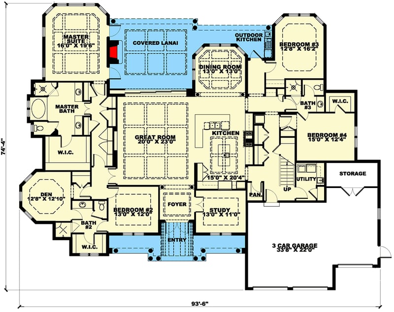Plan 66043WE: Luxury Coastal House Plan: 5 Beds, Lanai and Master Suite Sitting Area - Floor Plan - Main Level - Coastal, New American, Southern, Transitional