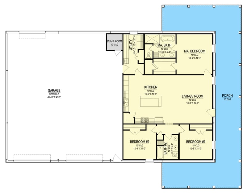 Plan 170013ADS: Modern Barndominium House Plan with Workshop and Wrap-Around Porch - Floor Plan - Main Level - Barndominium, Modern Farmhouse