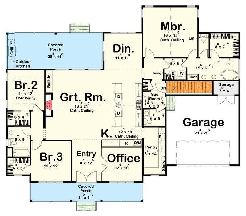 Plan 623582DJ: Inviting Modern Farmhouse House Plan: 3 Beds, Master Main, Outdoor Kitchen - Floor Plan - Main Floor - Basement Stairs Location - Farmhouse, Modern Farmhouse, New American