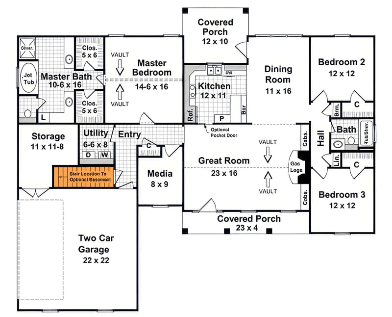 Plan 51343MM: Country Ranch House Plan with Covered Porch and Split Bedrooms - Floor Plan - Basement Stairs Location - Country, Ranch