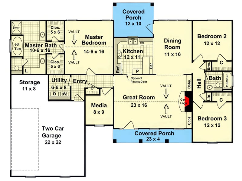 Plan 51343MM: Country Ranch House Plan with Covered Porch and Split Bedrooms - Floor Plan - Main Level - Country, Ranch