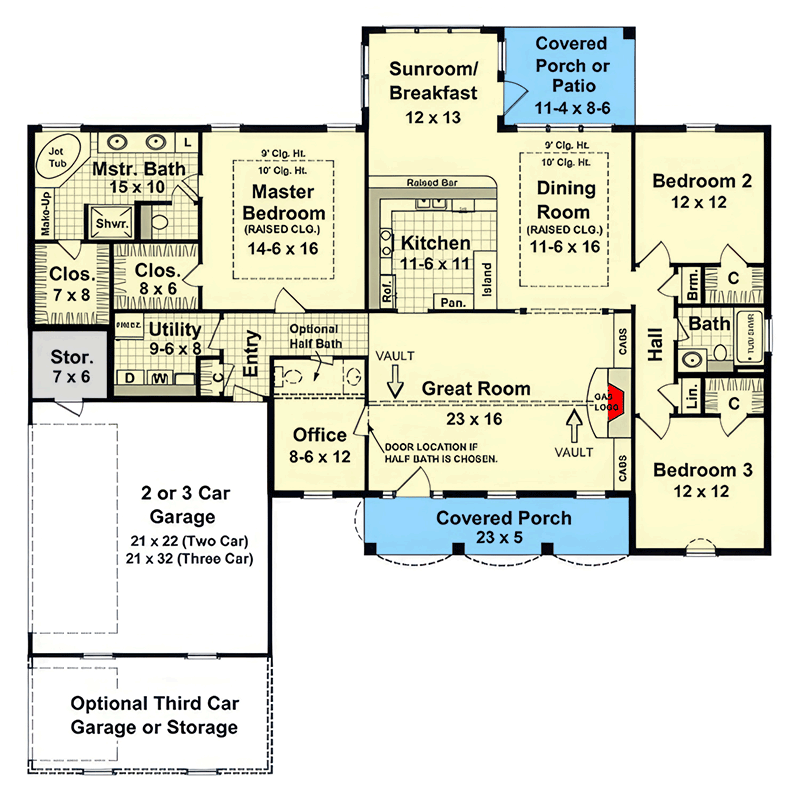 Plan 51345MM: Southern Country House Plan with Sunroom and Home Office - Floor Plan - Main Level - Country, Southern