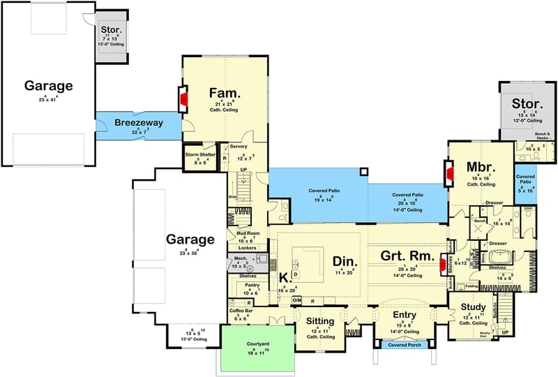 Plan 623583DJ: Grand 5-Bedroom Modern Farmhouse House Plan with 5-Car Garage - Floor Plan - Main Level - Contemporary, Modern Farmhouse, New American, Transitional