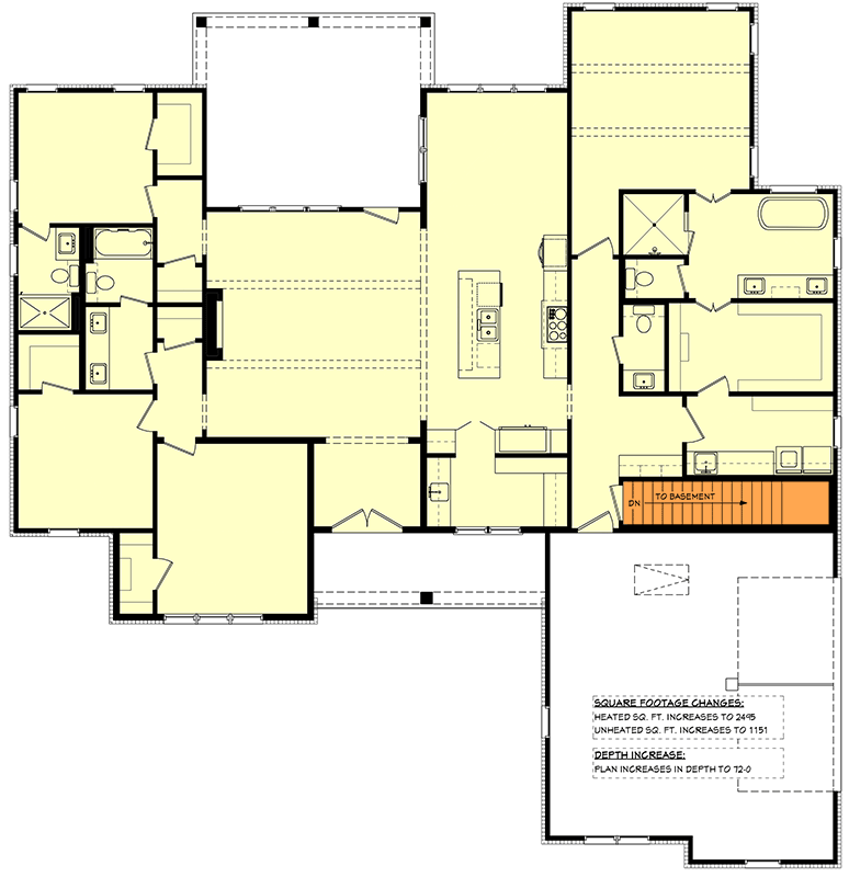 Plan 52022HZ: Charming Modern Farmhouse House Plan: 4 Beds, Split Layout, Large Porches - Floor Plan - Basement Stairs Location - Country, Modern Farmhouse, Southern