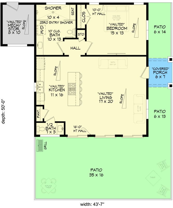 Plan 680641VR: Contemporary 1-Bedroom House Plan with 10 Ceilings and Wrap-Around Porch - Floor Plan - Main Level - Contemporary, Modern