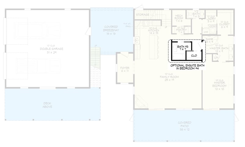 Plan 680643VR: Contemporary Mountain House Plan with Attached Apartment, Loft, and Two-Story Great Room - Floor Plan - Optional Ensuite Bath in Bedroom #4 - Contemporary, Mountain