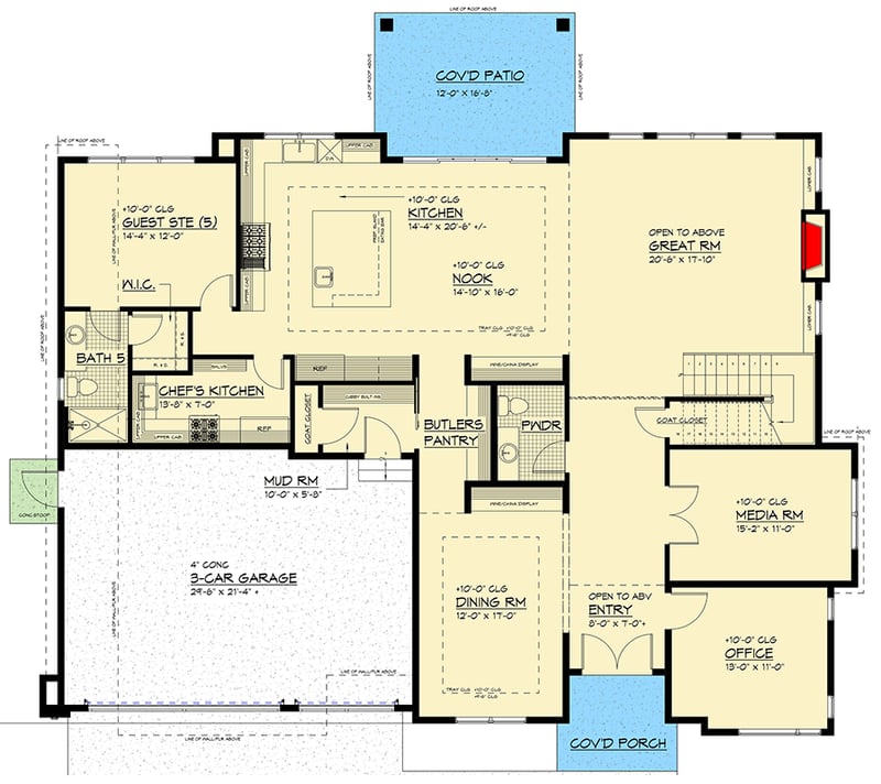 Plan 666311RAF: Sleek 5-Bedroom Northwest Contemporary House Plan with Two-Story Great Room - Floor Plan - Main Level - Contemporary, Northwest