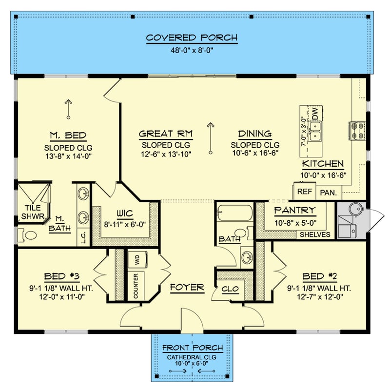 Plan 135403GRA: Contemporary Mountain House Plan with Expansive Covered Porch and Two-Story Great Room - Floor Plan - Main Level - Contemporary, Country, Modern Farmhouse, Mountain