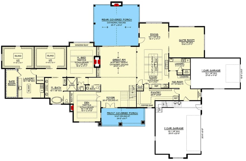 Plan 135404GRA: Luxury Modern Farmhouse House Plan with Two-Story Great Room - Floor Plan - Main Level - Contemporary, Craftsman, Modern, Modern Farmhouse, Mountain