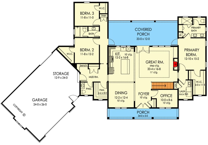 Plan 790177GLV: Striking Modern Farmhouse House Plan with Home Office and Angled Garage - Floor Plan - Main Level - Farmhouse, Modern Farmhouse, New American