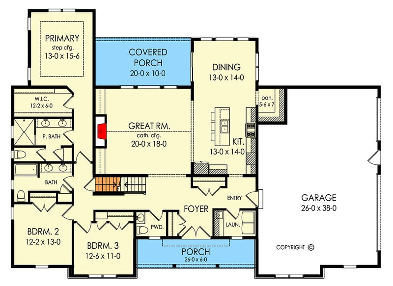 Plan 790178GLV: Modern Farmhouse House Plan: 3 Beds, Master Suite, Two-Story Great Room - Floor Plan - Main Level - Farmhouse, Modern Farmhouse, New American
