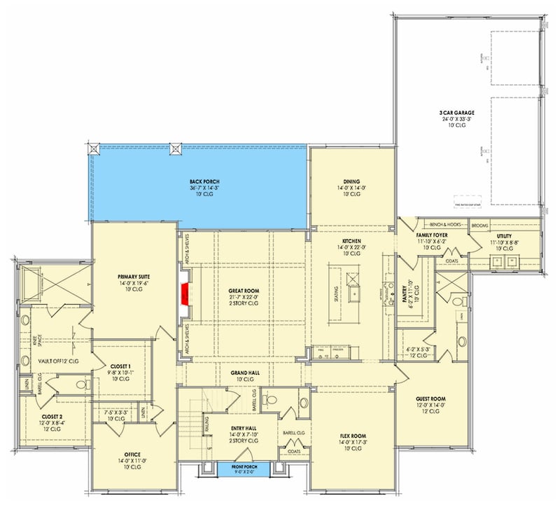 Plan 818195JSS: Luxurious 4-Bed Modern Farmhouse Plan with a Two-Story Great Room - Floor Plan - Main Level - Contemporary, Modern Farmhouse, New American, Transitional, Tudor