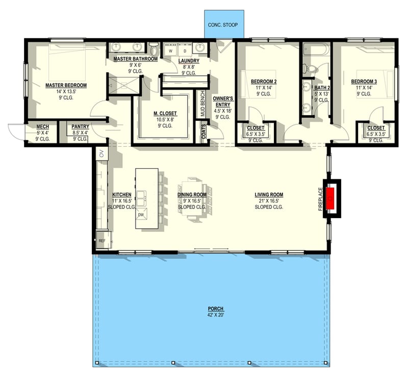 Plan 405074FDC: Modern House Plan: 3 Beds, Two-Story Great Room, Covered Porch - Floor Plan - Main Level - Cottage, Country, Modern