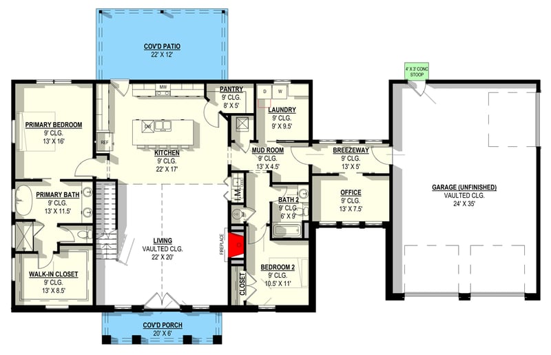 Plan 405076FDC: Expansive Modern Farmhouse House Plan with Split Bedrooms and Vaulted Great Room - Floor Plan - Main Level - Barndominium, Farmhouse, Modern Farmhouse