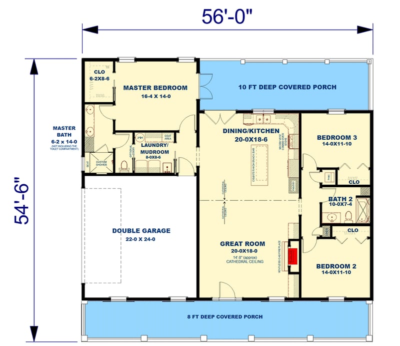 Plan 25075DH: Modern Farmhouse House Plan: 3 Beds, First-Floor Master, Dual Porches - Floor Plan - Main Level - Country, Farmhouse, Modern Farmhouse, Southern
