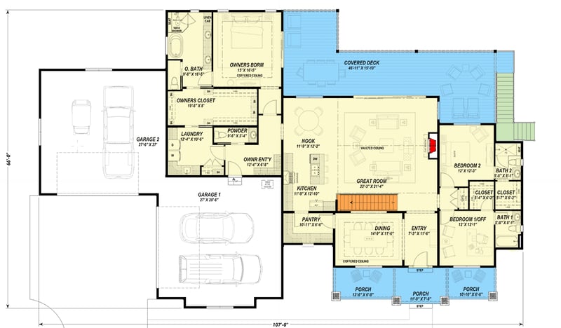 Plan 64563SC: Flexible New American Ranch House Plan: Main-Level Master and Walkout Lower Level - Floor Plan - Main Level - New American, Ranch