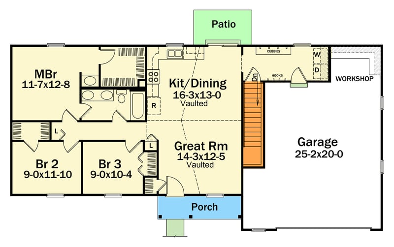 Plan 5770HA: Three Bed, 2 Bath Ranch House Plan with Split Bedrooms and Workshop - Floor Plan - Main Level - Ranch