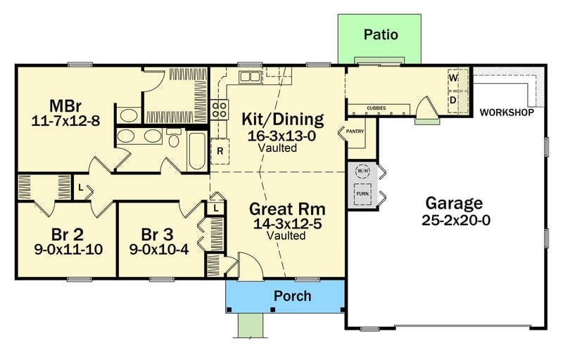 Plan 5770HA: Three Bed, 2 Bath Ranch House Plan with Split Bedrooms and Workshop - Floor Plan - Optional Slab Foundation - Ranch