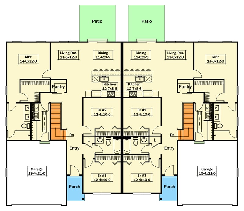 Plan 57051HA: Modern Farmhouse Duplex Plan with Split Bedrooms and 2-Car Garages - Floor Plan - Optional Basement Stairs - Farmhouse, Modern Farmhouse, Ranch