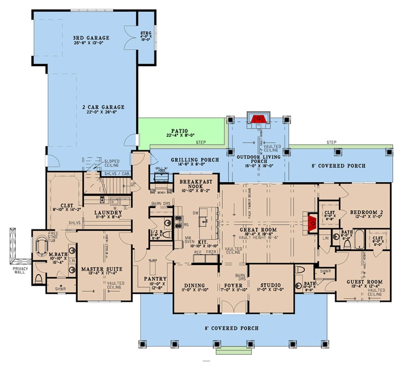 Plan 70947MK: Elegant Modern Farmhouse House Plan with 3-Car Garage and Outdoor Living - Floor Plan - Main Level - Craftsman, Farmhouse, Modern Farmhouse