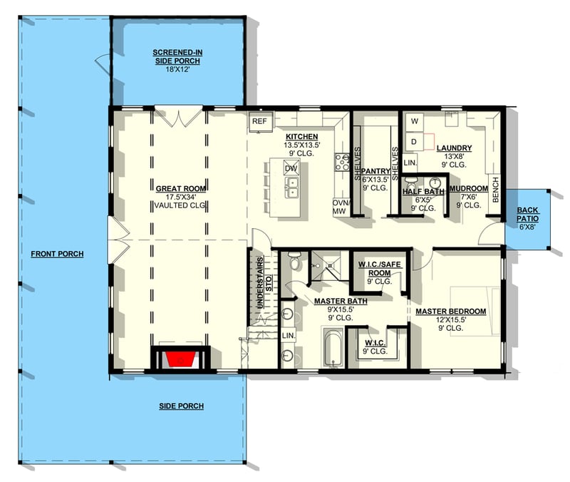 Plan 405079FDC: 4-Bedroom Barndominium House Plan with Vaulted Great Room and Wrap-Around Porch - Floor Plan - Main Level - Barndominium, Farmhouse