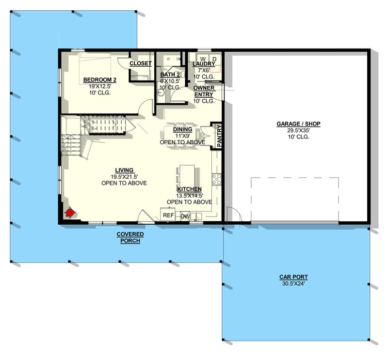 Plan 405080FDC: Modern Barndominium House Plan with Two Story Great Room and Wrap Around Porch - Floor Plan - Main Level - Barndominium