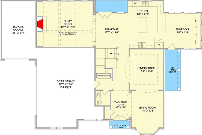 Plan 750003LDG: Stunning French Country House Plan with 4 Beds, Sunroom, and Upstairs Master - Floor Plan - Main Level - French Country, Transitional