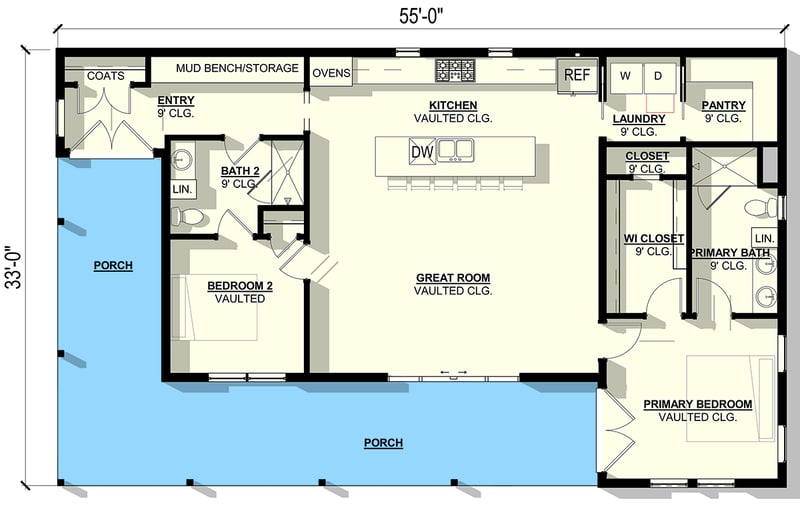 Plan 405082FDC: Contemporary Barndominium House Plan with Wrap-Around Porch and Split Bedrooms - Floor Plan - Main Level - Barndominium, Contemporary