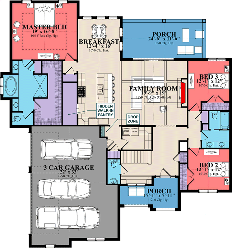 Plan 86418HH: Elegant Traditional European House Plan with Main-Level Master and 3-Car Garage - Floor Plan - Main Level - European, Traditional