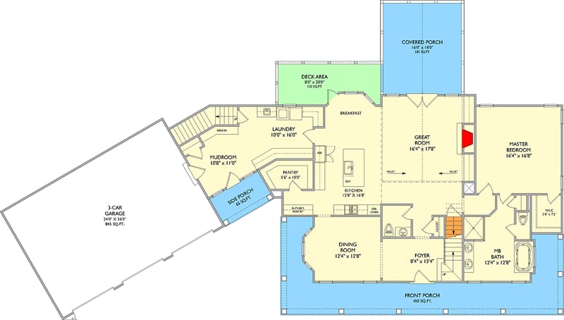 Plan 750005LDG: Elegant Farmhouse House Plan with 3 Beds, Wrap-Around Porch, and Two-Story Great Room - Floor Plan - Main Level - Country, Farmhouse