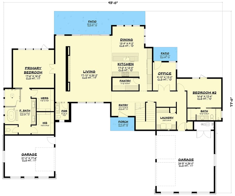 Plan 307751RAD: Modern Contemporary House Plan with 4 Beds, 3-Car Garage, and Grand Entry - Floor Plan - Main Level - Contemporary, Modern, Transitional