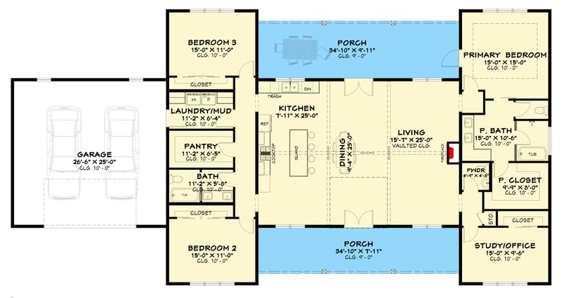 Plan 850017PKE: Contemporary Ranch House Plan with Split Bedrooms and Two-Story Great Room - Floor Plan - Main Level - Contemporary, Ranch
