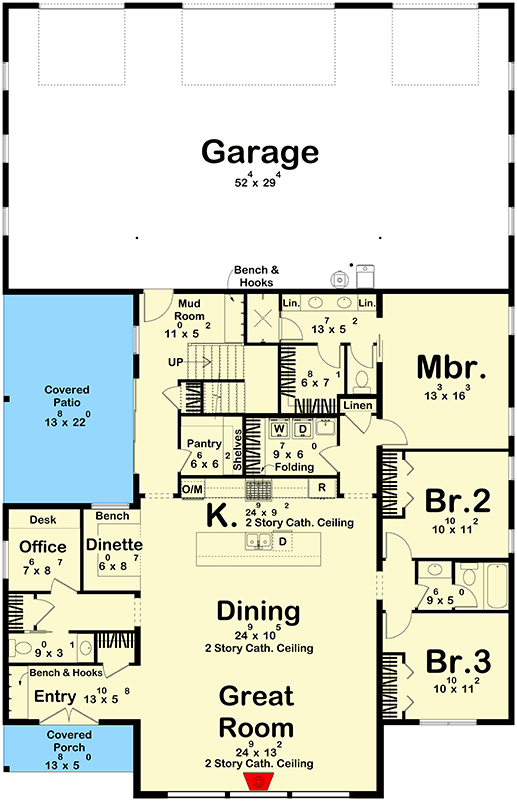 Plan 623591DJ: Contemporary Barndominium House Plan with Two-Story Great Room and 4-Car Garage - Floor Plan - Main Level - Barndominium, Contemporary, Scandinavian