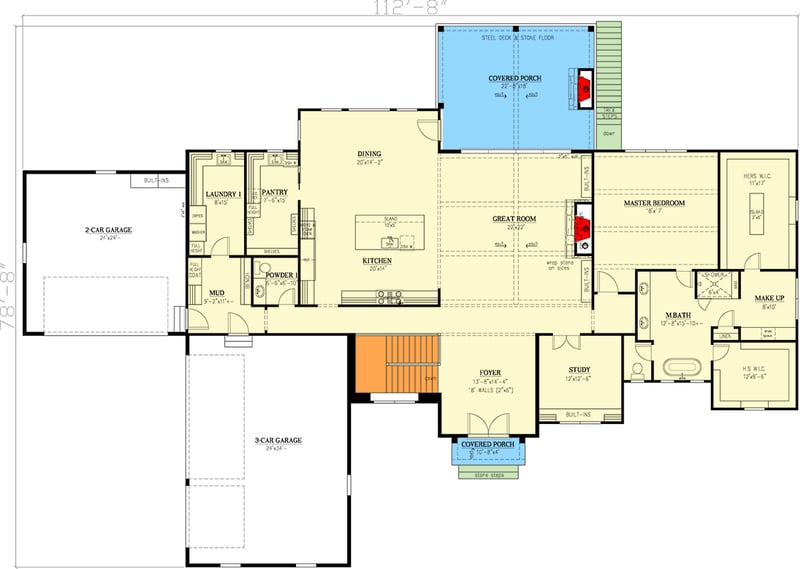 Plan 24427TW: Expansive Stone and Wood House Plan with Dual Master Suites and 5-Car Garage - Floor Plan - Main Level - European, Modern