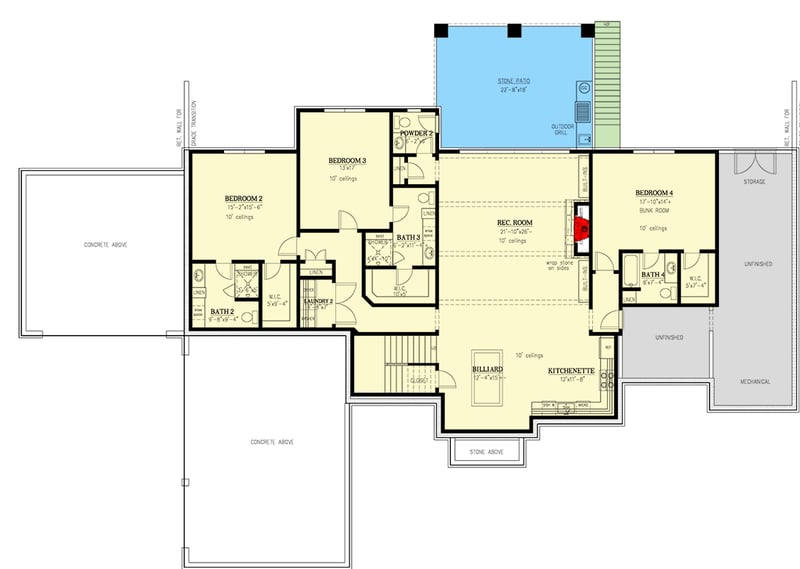 Plan 24427TW: Expansive Stone and Wood House Plan with Dual Master Suites and 5-Car Garage - Floor Plan - Lower Level - European, Modern