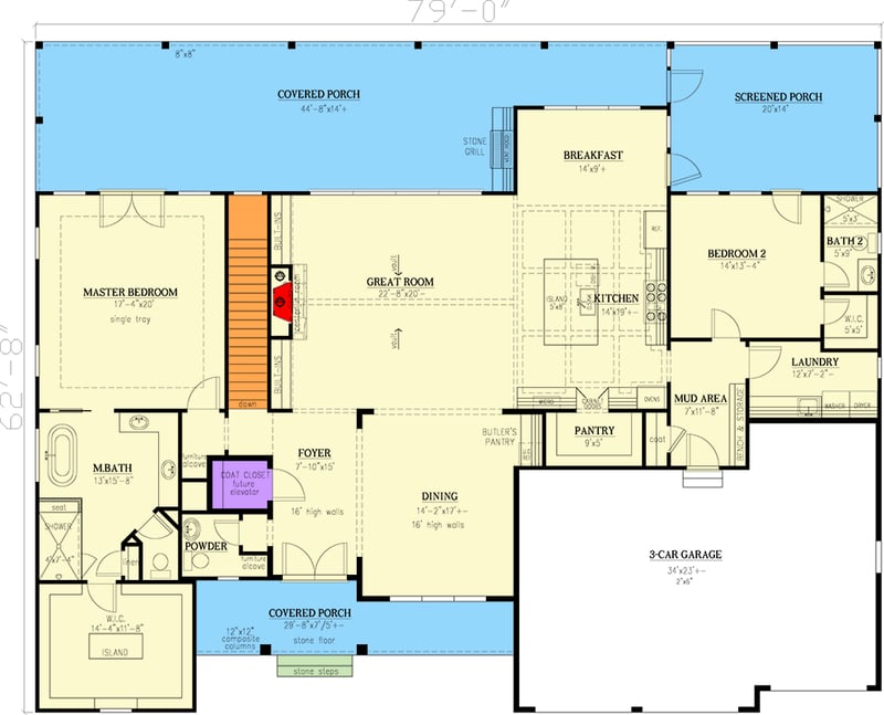 Plan 24430TW: Craftsman House Plan with Master on Main and Outdoor Kitchen - Floor Plan - Main Level - Craftsman, Traditional