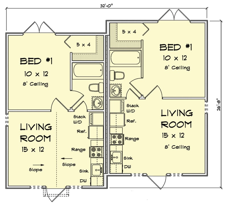 Plan 52507WM: Charming Country Duplex House Plan with Two 1-Bedroom Units - Floor Plan - Main Level - Country