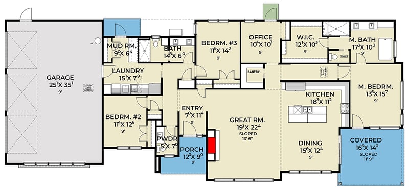 Plan 280258JWD: Contemporary Split Bedroom House Plan with Home Office and 3-Car Garage - Floor Plan - Main Level - Contemporary, Modern, Northwest