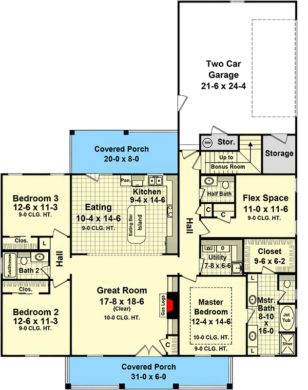 Plan 51351MM: French Country House Plan with 3 Bedrooms and Optional Bonus Room - Floor Plan - Main Level - European, French Country