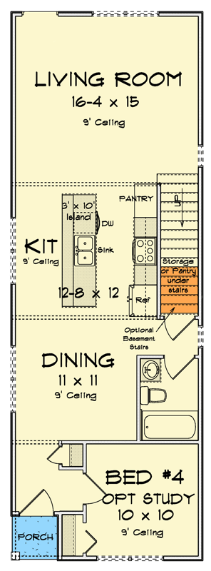 Plan 52512WM: Traditional Narrow Lot House Plan with 4 Beds, Upstairs Master Suite - Floor Plan - Main Level - Traditional