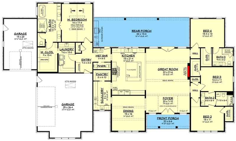 Plan 52024HZ: Grand Modern Farmhouse House Plan with Split Bedrooms and Outdoor Kitchen - Floor Plan - Main Level - Modern Farmhouse, Traditional, Transitional