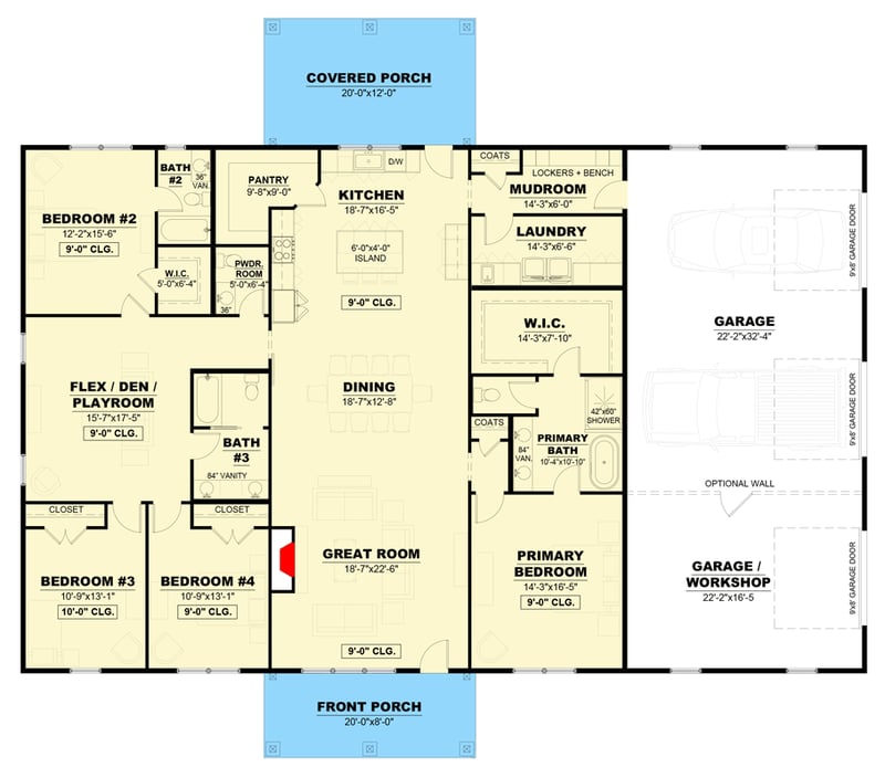 Plan 810055RBT: Modern Farmhouse Plan: 4 Beds, Split Layout, Private Workshop - Floor Plan - Main Level - Farmhouse, Modern Farmhouse, Ranch, Traditional